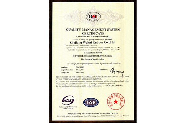 浙江维泰橡胶有限公司取得ISO9001质量管理体系认证证书